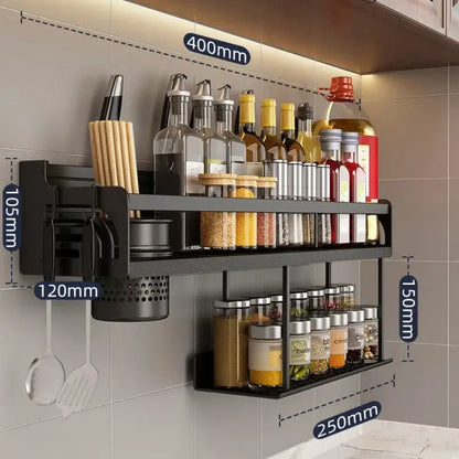 Industrial black metal two tier kitchen organizer wall spice storage rack