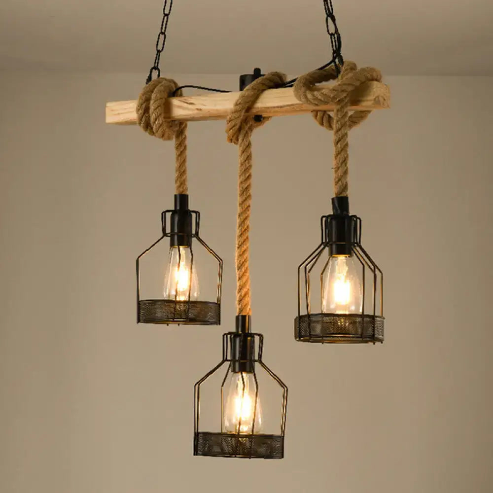 Industrial black metallic island pendant with jute rope cord dining room