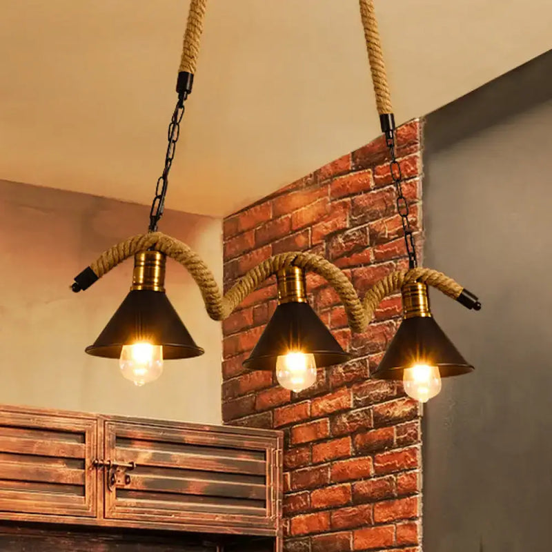 Industrial black metallic island pendant with jute rope cord dining room
