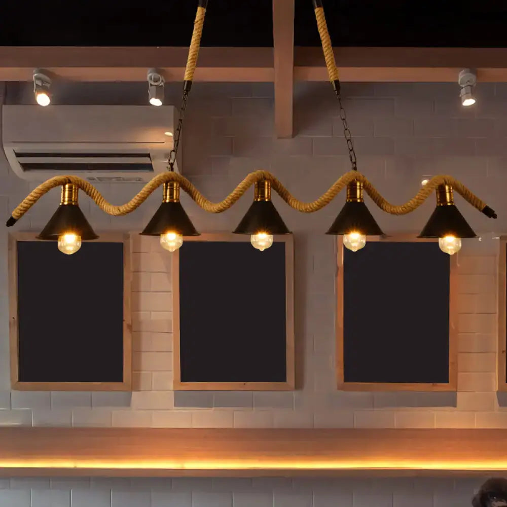 Industrial black metallic island pendant with jute rope cord dining room