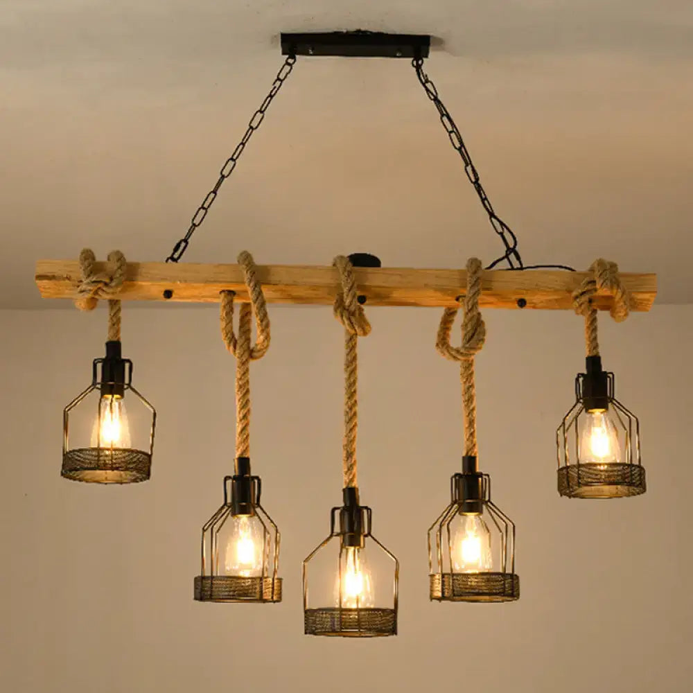 Industrial black metallic island pendant with jute rope cord dining room