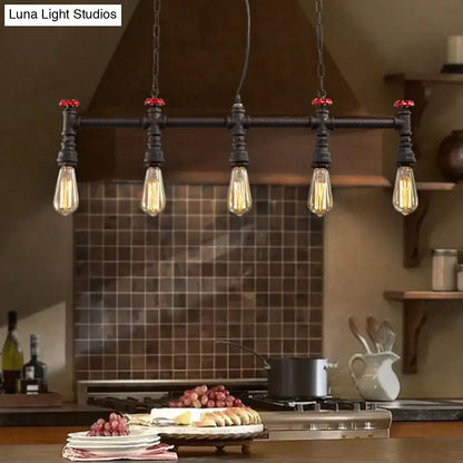 Industrial black pipe 5 light ceiling light dining room valve detail
