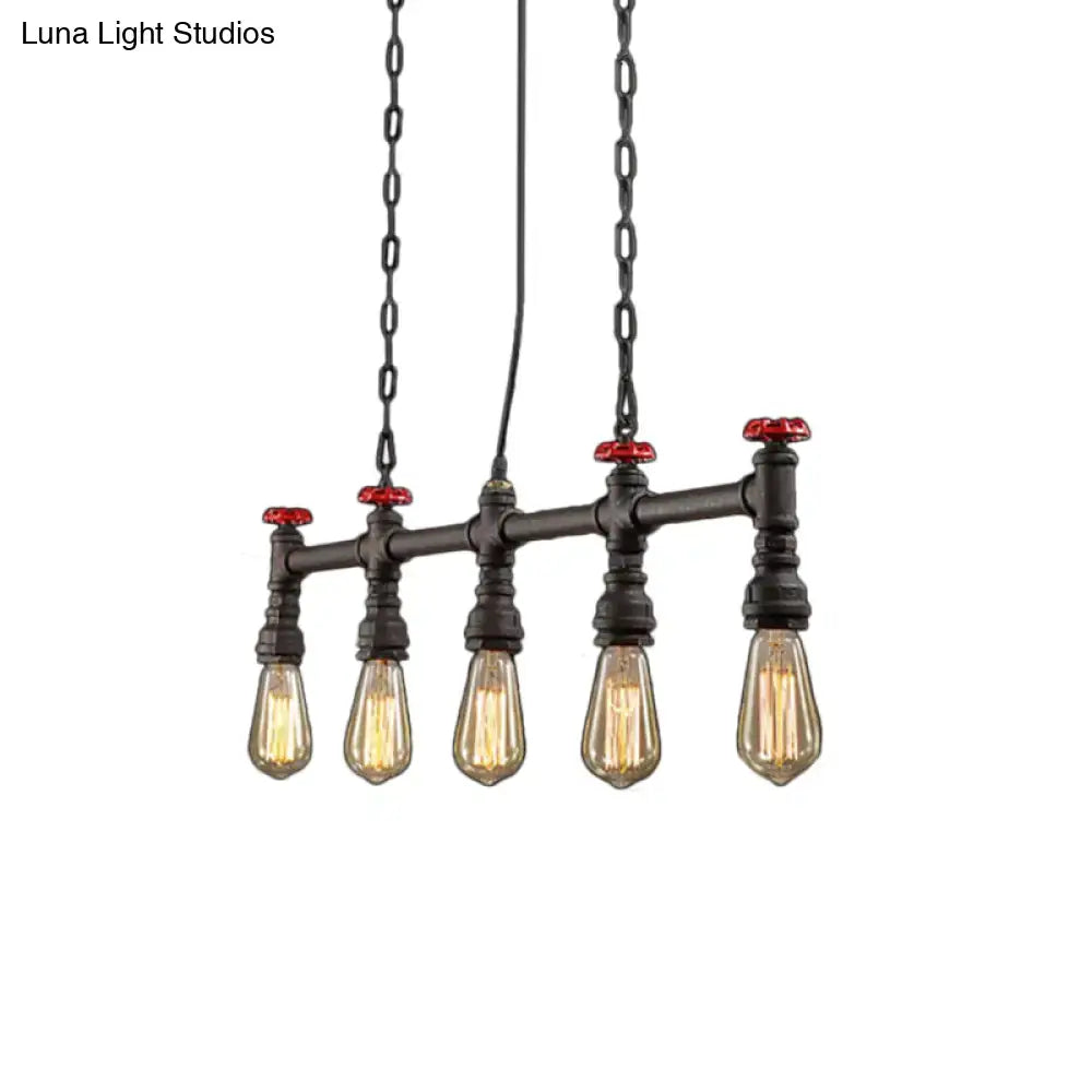 Industrial black pipe 5 light ceiling light dining room valve detail