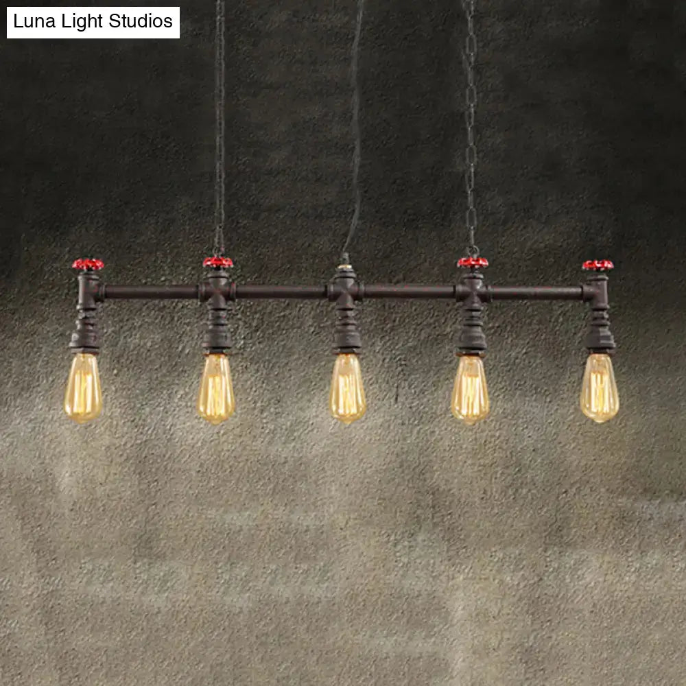 Industrial black pipe 5 light ceiling light dining room valve detail