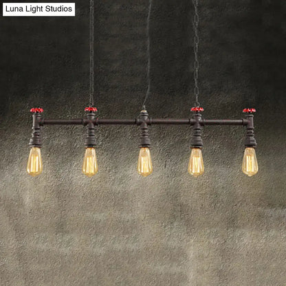 Industrial black pipe 5 light ceiling light dining room valve detail