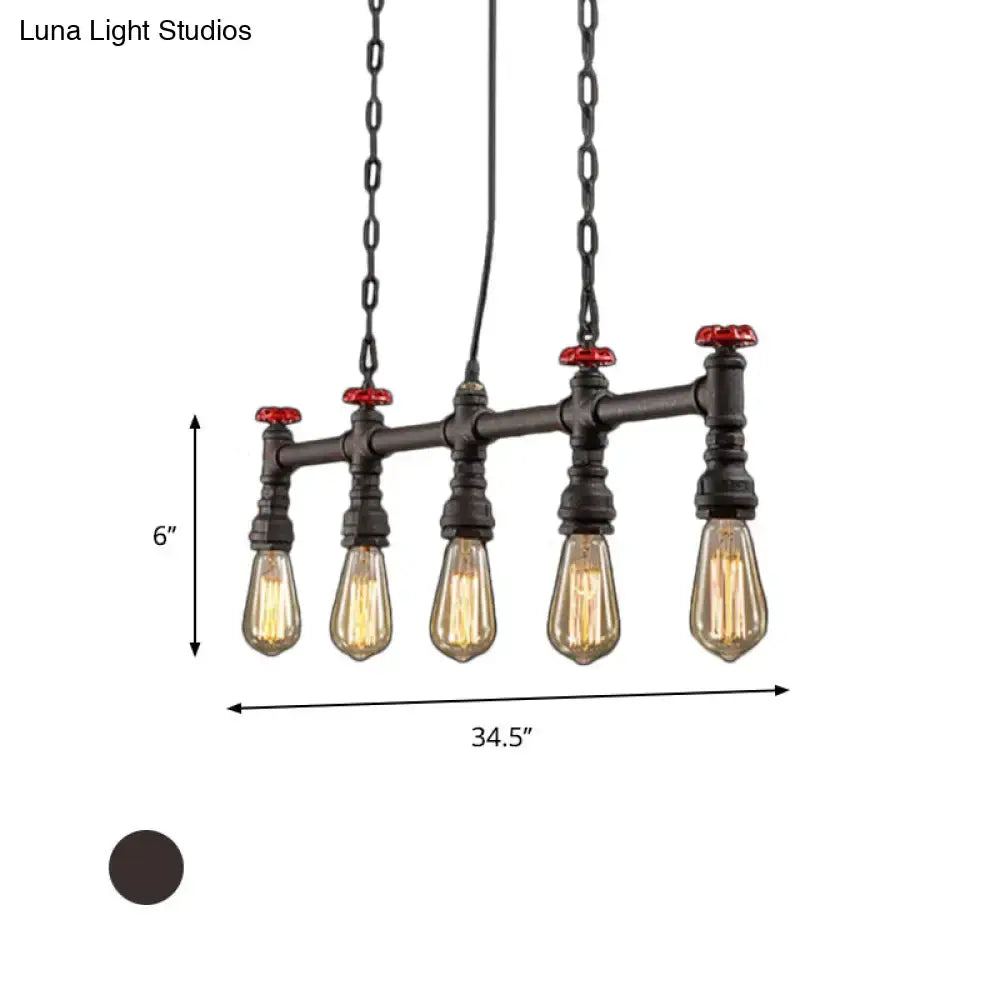 Industrial black pipe 5 light ceiling light dining room valve detail