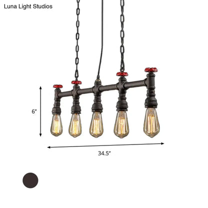 Industrial black pipe 5 light ceiling light dining room valve detail