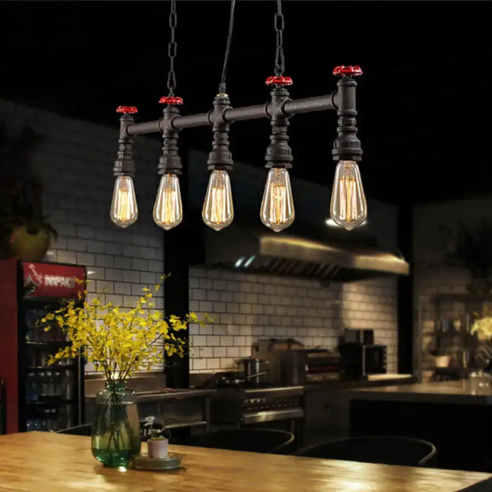 Industrial black pipe 5 light ceiling light dining room valve detail