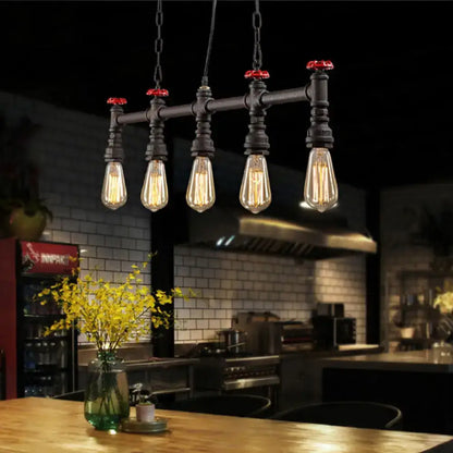 Industrial black pipe 5 light ceiling light dining room valve detail