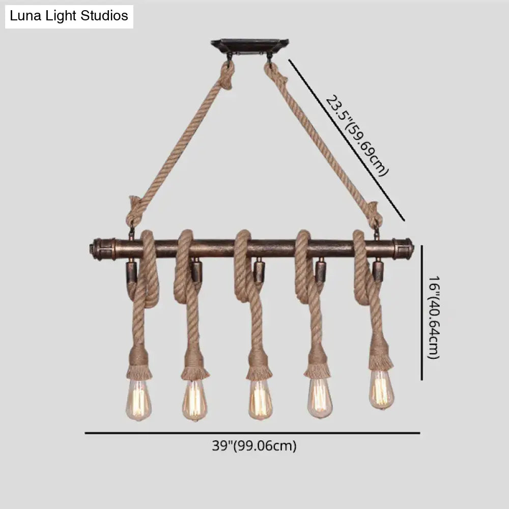 Industrial black pipe and rope chandelier for linear restaurant island