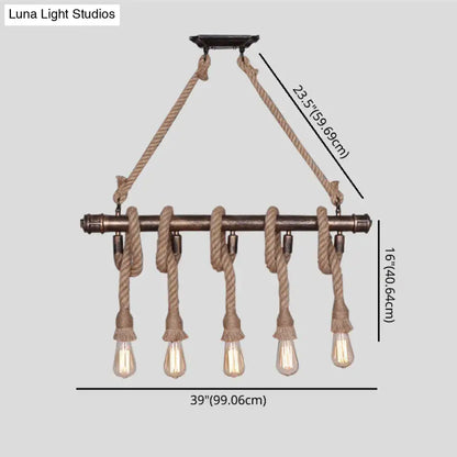 Industrial black pipe and rope chandelier for linear restaurant island