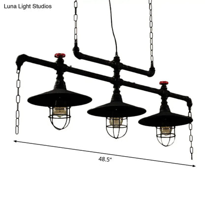 Industrial black pipe chandelier with red valve caps dining room light