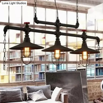 Industrial black pipe chandelier with red valve caps dining room light