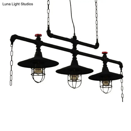 Industrial black pipe chandelier with red valve caps dining room light