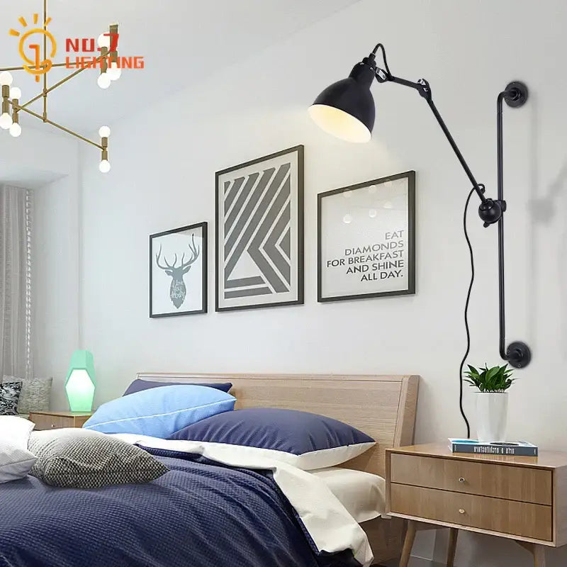 Industrial black & red adjustable rotating led wall lamp bedroom