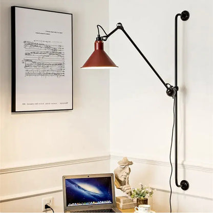 Industrial black & red swing arm wall lamp for bedroom