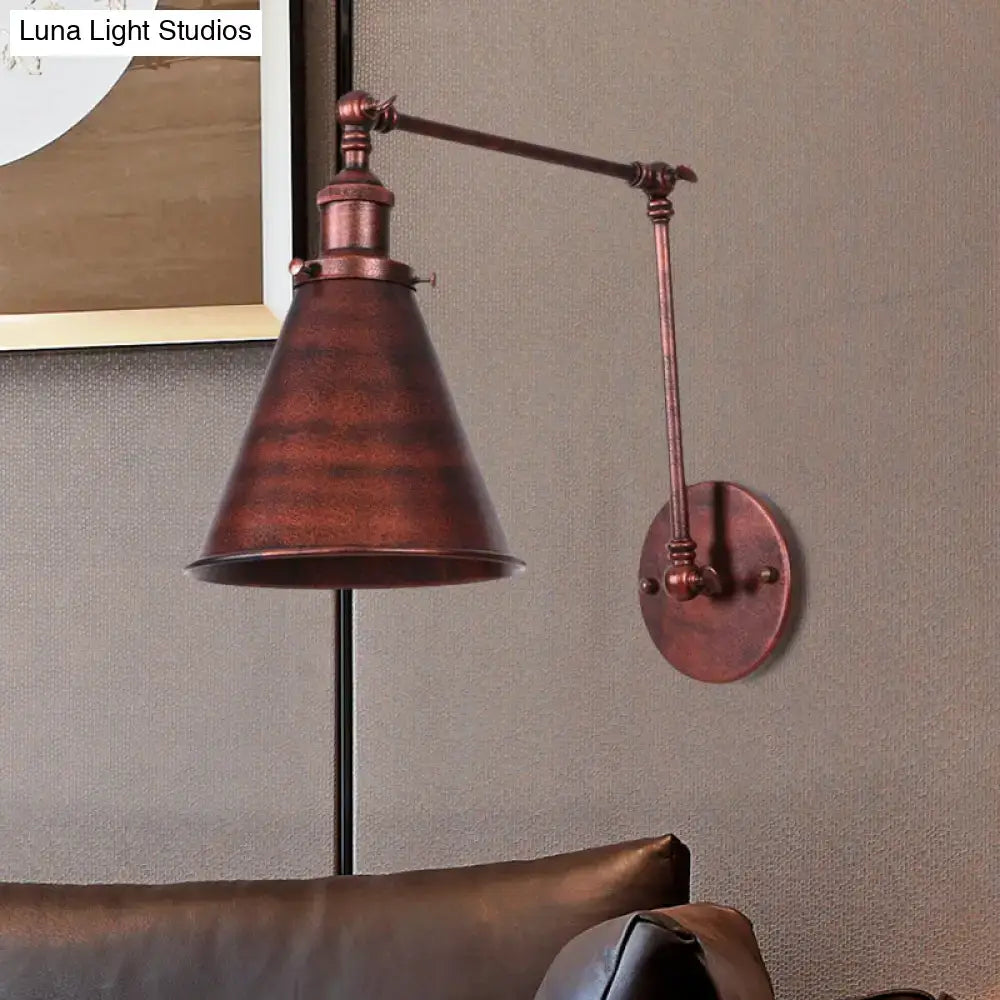 Industrial black & rust cone wall sconce – bedroom articulated light