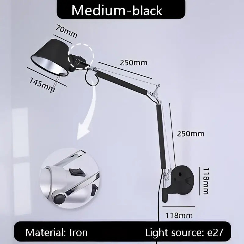 Industrial black silver swing arm wall lamp bedroom reading light