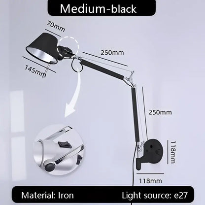 Industrial black silver swing arm wall lamp bedroom reading light