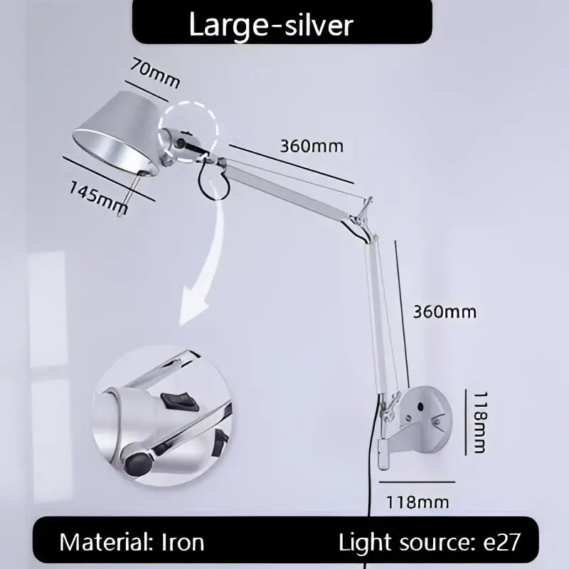 Industrial black silver swing arm wall lamp bedroom reading light