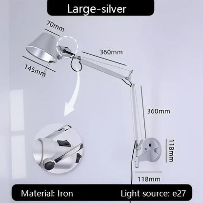 Industrial black silver swing arm wall lamp bedroom reading light