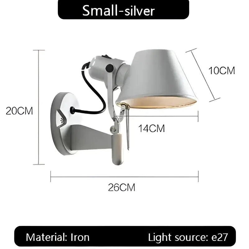 Industrial black silver swing arm wall lamp bedroom reading light