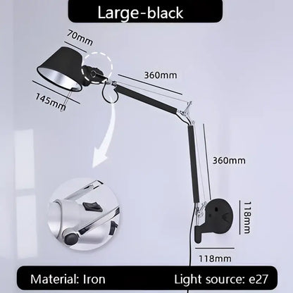 Industrial black silver swing arm wall lamp bedroom reading light