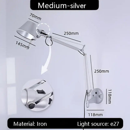 Industrial black silver swing arm wall lamp bedroom reading light