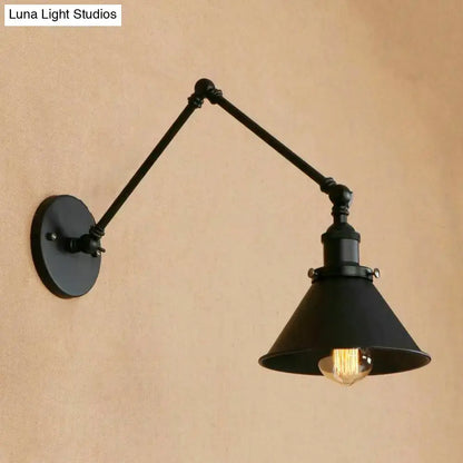 Industrial black swing arm wall lamp bedroom conic shade sconce