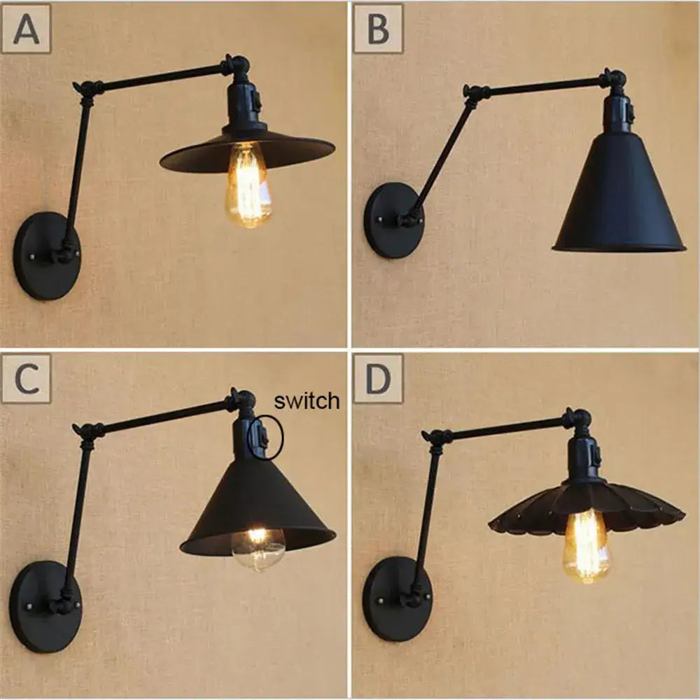 Industrial black swing arm wall lamp bedroom sconce with switch