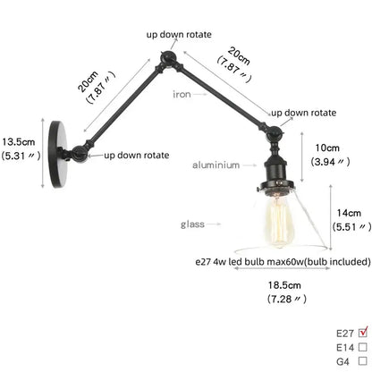 Industrial black swing arm wall light fixture with faceted glass shade