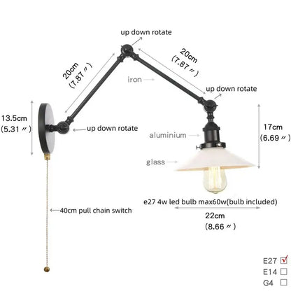 Industrial black swing arm wall light fixture with faceted glass shade
