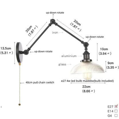 Industrial black swing arm wall light fixture with faceted glass shade