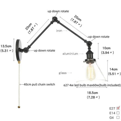 Industrial black swing arm wall light fixture with faceted glass shade