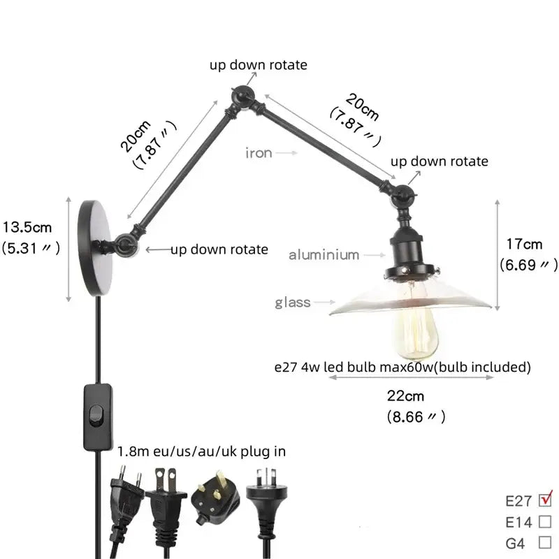 Industrial black swing arm wall light fixture with faceted glass shade