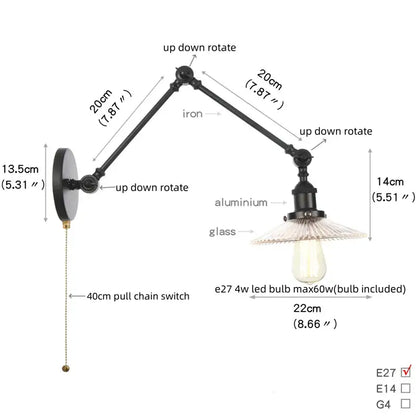 Industrial black swing arm wall light fixture with faceted glass shade