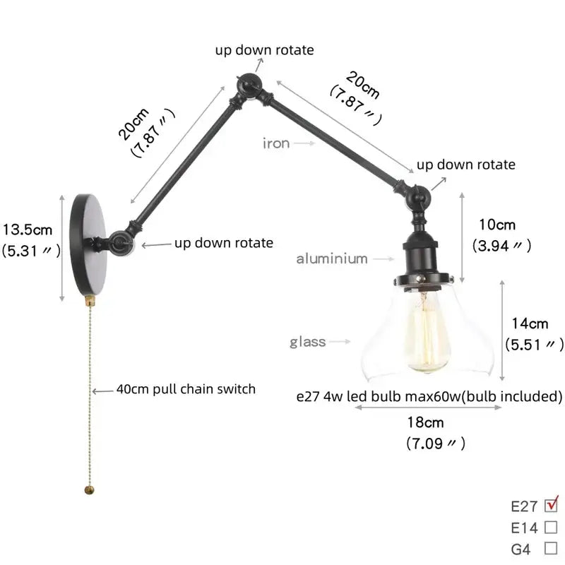 Industrial black swing arm wall light fixture with faceted glass shade