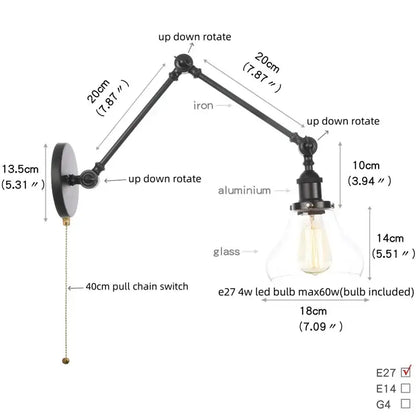 Industrial black swing arm wall light fixture with faceted glass shade
