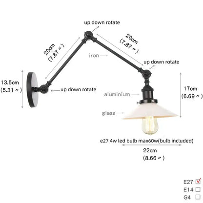 Industrial black swing arm wall light fixture with faceted glass shade
