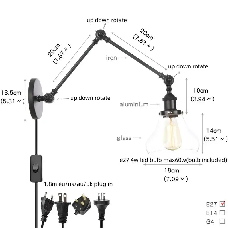 Industrial black swing arm wall light fixture with faceted glass shade