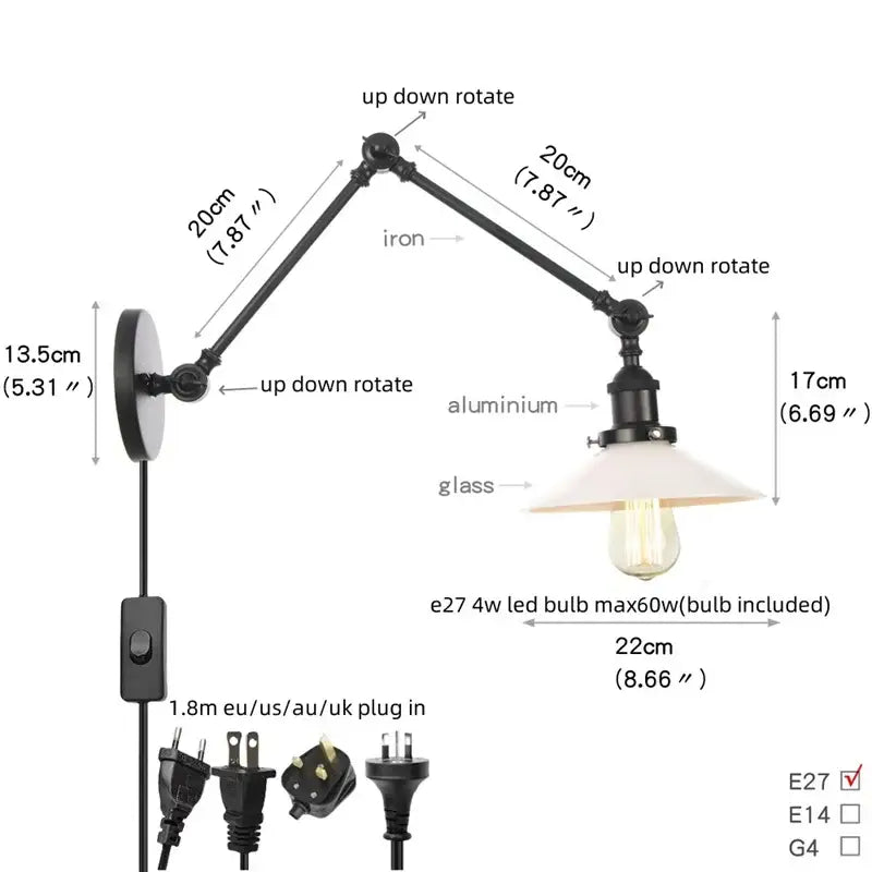 Industrial black swing arm wall light fixture with faceted glass shade