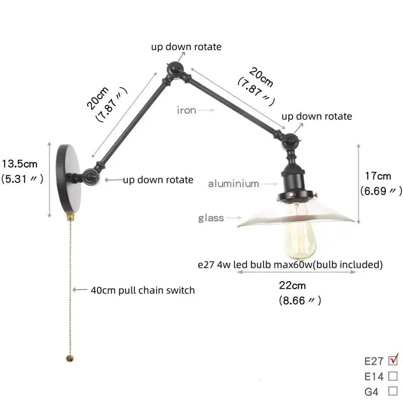 Industrial black swing arm wall light fixture with faceted glass shade
