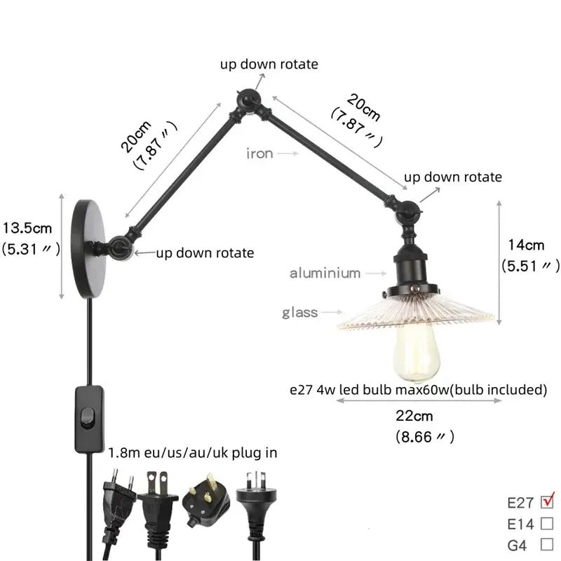 Industrial black swing arm wall light fixture with faceted glass shade