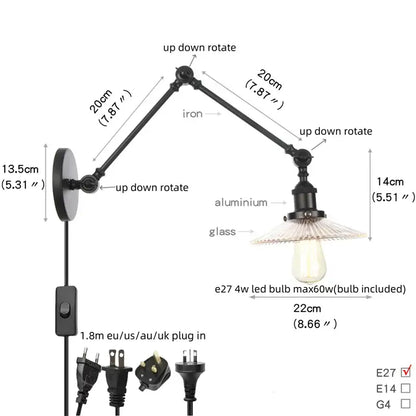 Industrial black swing arm wall light fixture with faceted glass shade