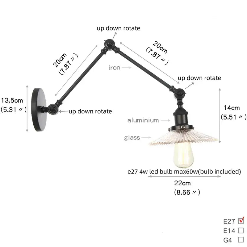 Industrial black swing arm wall light fixture with faceted glass shade