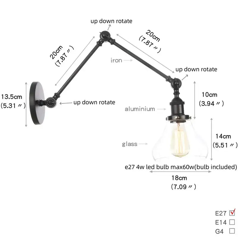Industrial black swing arm wall light fixture with faceted glass shade