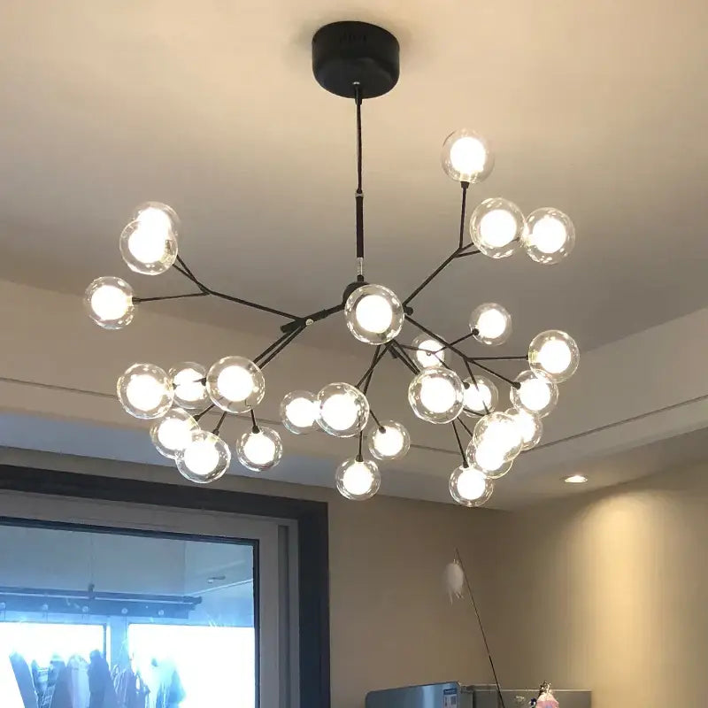 Industrial black tree branch glass ball firefly chandelier dining room