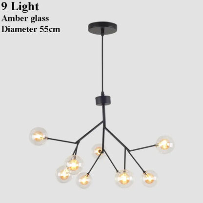 Industrial black tree branch glass ball firefly chandelier dining room