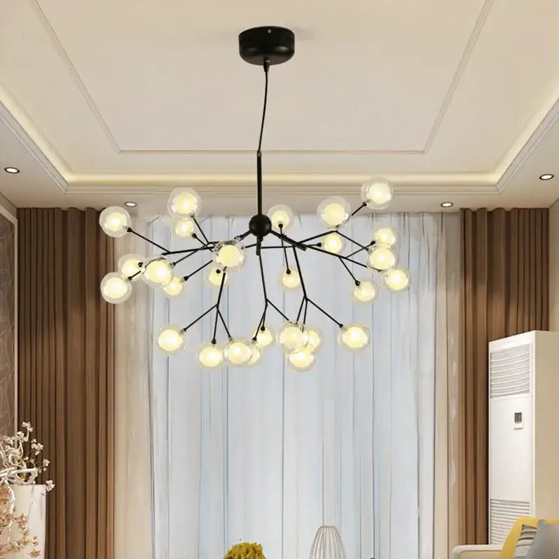 Industrial black tree branch glass ball firefly chandelier dining room