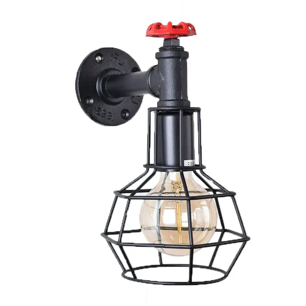 Industrial black water pipe wall lamp bedroom red valve light